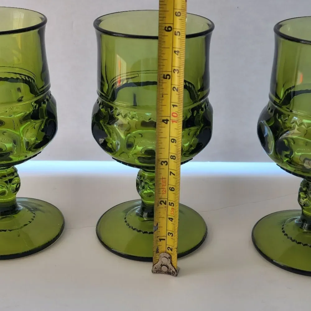 Vintage Indiana Glass Kings Crown Thumbprint Green Stemmed Glasses, Set Of 3